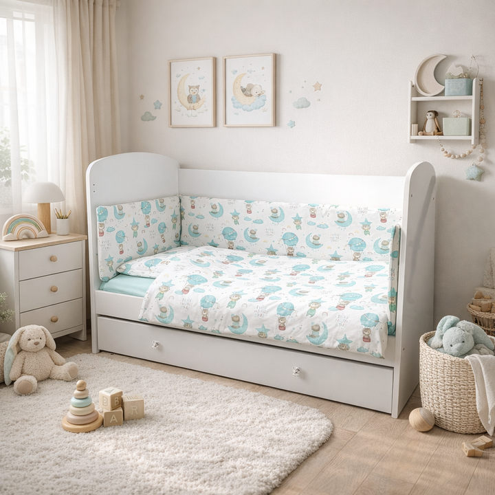 Rainy Бебешки спален комплект 5 части 60х120 см. Мече на луна зелен