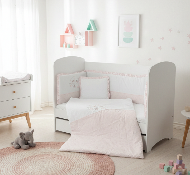 Rainy Бебешки спален комплект 5 части с обиколник 70х140 см. Звездни Мечета розов