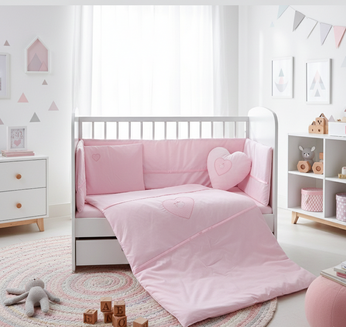 Rainy Бебешки спален комплект 7 части с обиколник 70х140 см. Сърце с мече