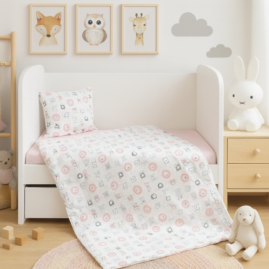 Rainy Бебешки спален комплект 4 части 60х120 см. Розови животинки
