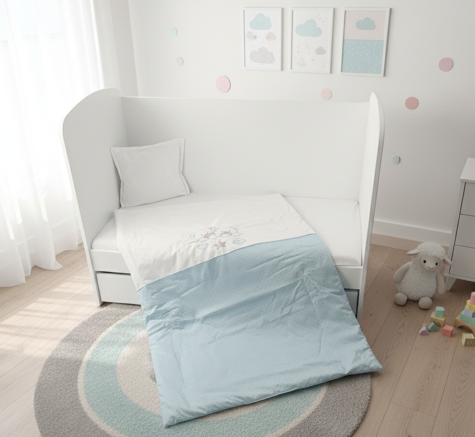 Rainy Бебешки спален комплект 3 части 70х140 см. Звездни Мечета син