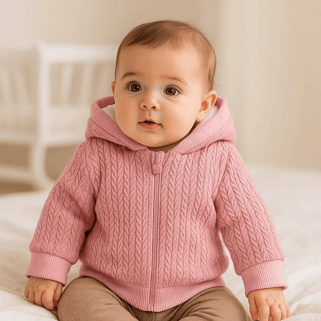 Rainy Бебешка плетена жилетка с качулка 56-80 см. пепел от рози
