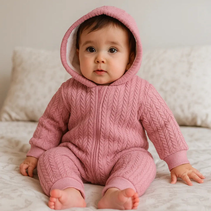 Rainy Бебешки плетен гащеризон с цип и качулка 56 - 80 см. пепел от рози