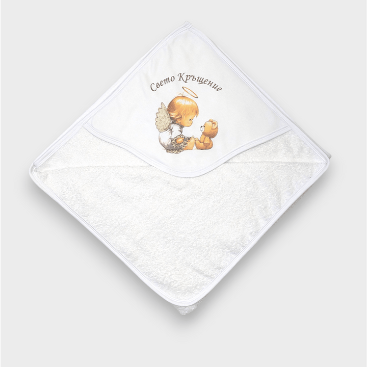 Rainy Бебешка хавлия с качулка 90х90 см. Ангелче Свето Кръщение бял