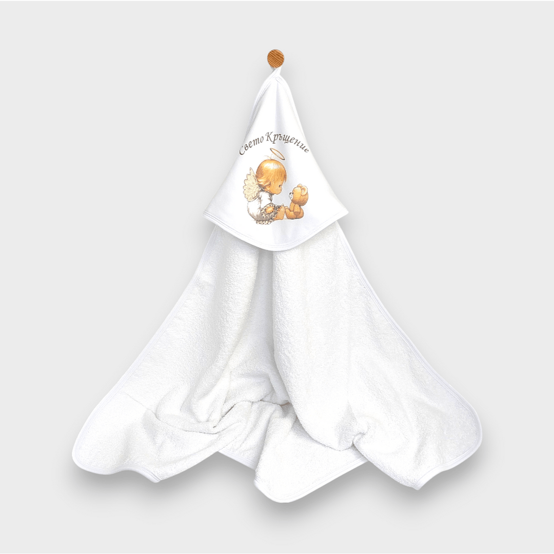 Rainy Бебешка хавлия с качулка 90х90 см. Ангелче Свето Кръщение бял