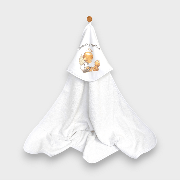 Rainy Бебешка хавлия с качулка 90х90 см. Ангелче Свето Кръщение бял