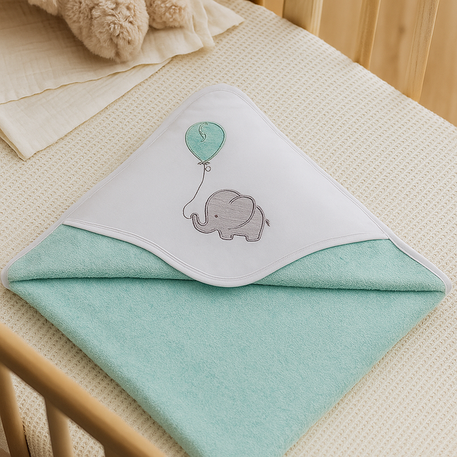 Rainy Бебешка хавлия с качулка Слонче с балон 90х90 см. тюркоаз