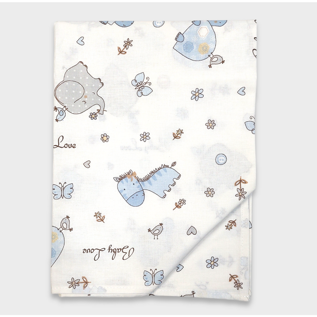 Rainy Бебешки чаршаф за мини кошара и люлка 80х100 см. Сини зебри и слончета