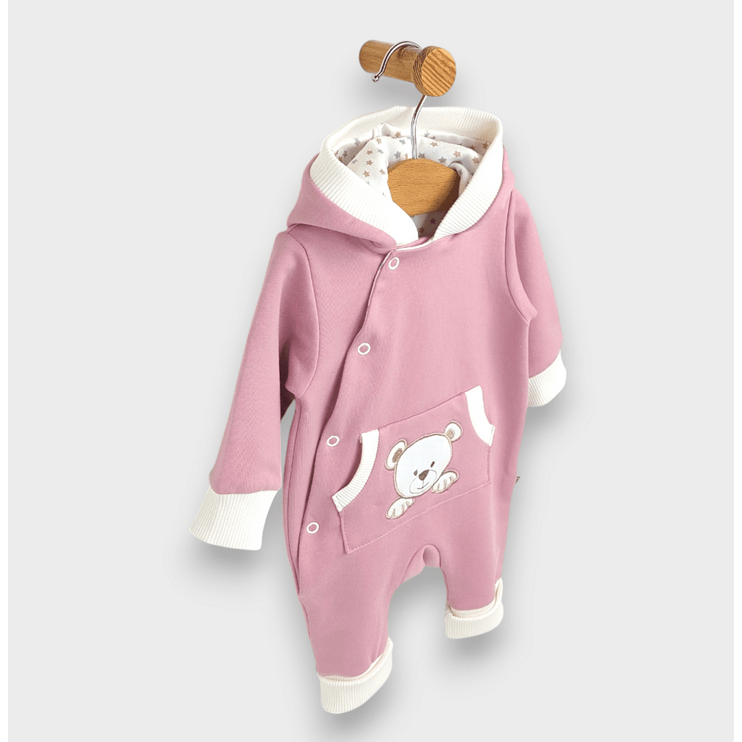 Rainy Бебешки гащеризон с качулка Мече с лапички 56 - 80 см. пепел от рози