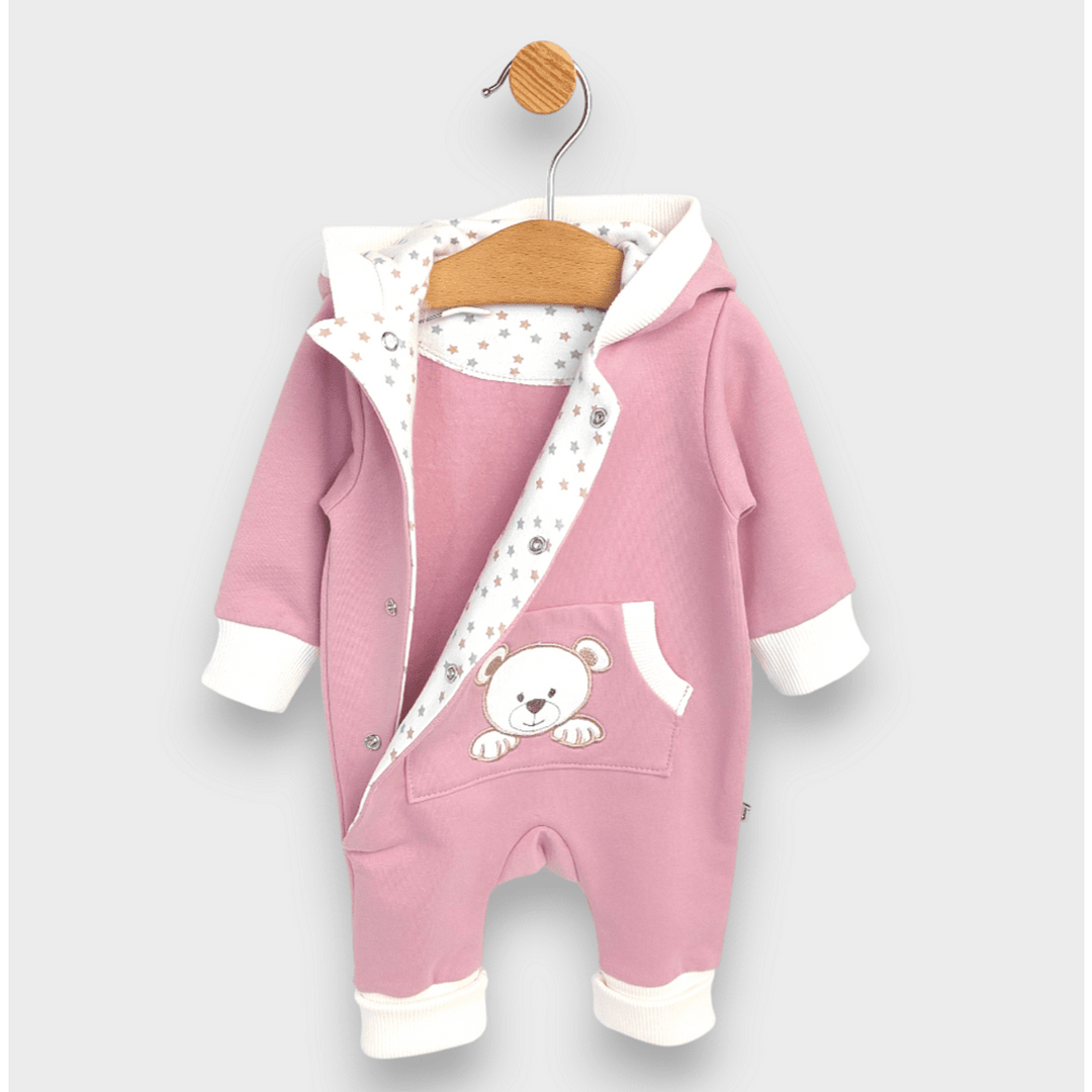 Rainy Бебешки гащеризон с качулка Мече с лапички 56 - 80 см. пепел от рози
