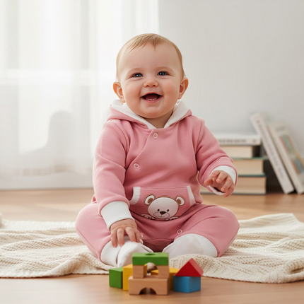 Rainy Бебешки гащеризон с качулка Мече с лапички 56 - 80 см. пудра