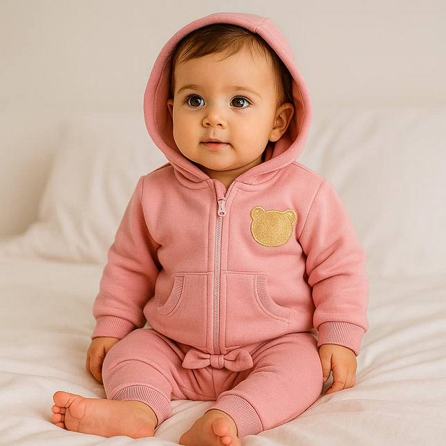 Rainy Бебешки комплект от 2 части Пухено мече 62-92 см. пудра