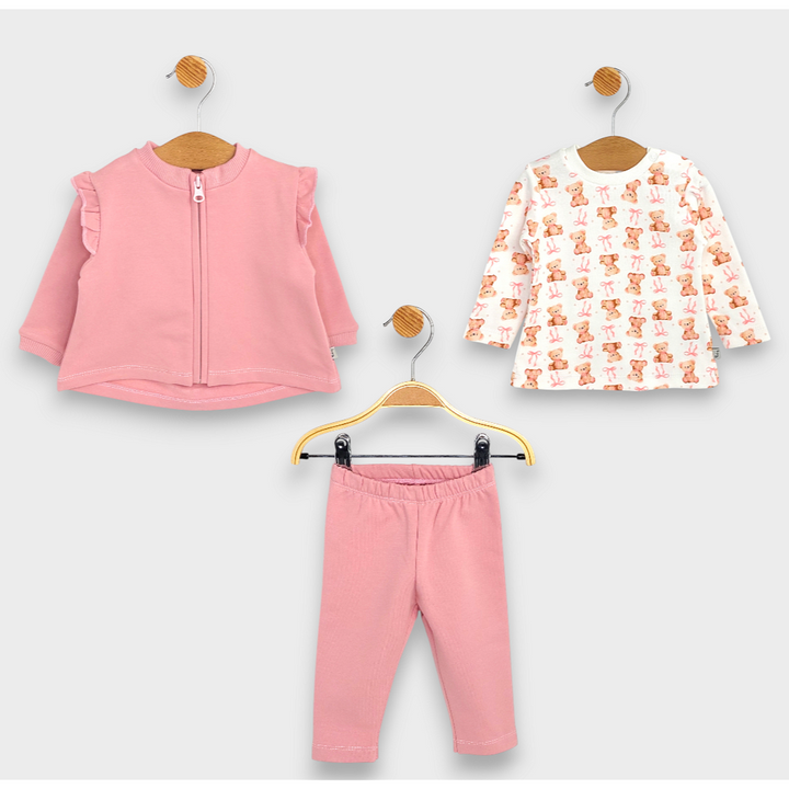 Rainy Бебешки комплект от 3 части Мече с панделка 62-92 см. пудра