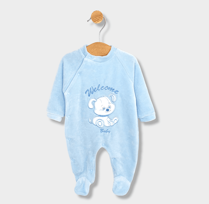 Rainy Бебешки плюшен гащеризон Welcome Baby Dog 56-62см. син