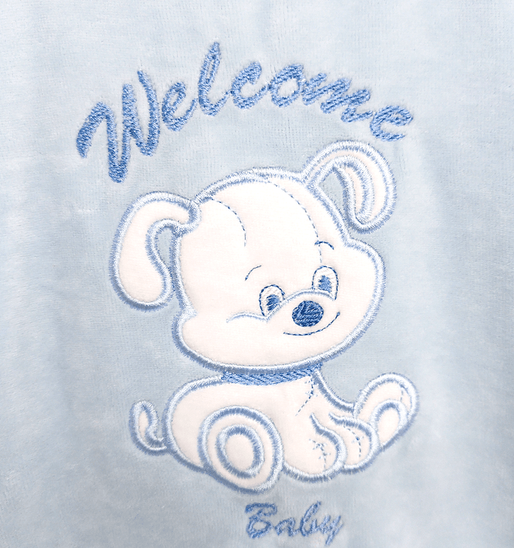 Rainy Бебешки плюшен гащеризон Welcome Baby Dog 56-62см. син