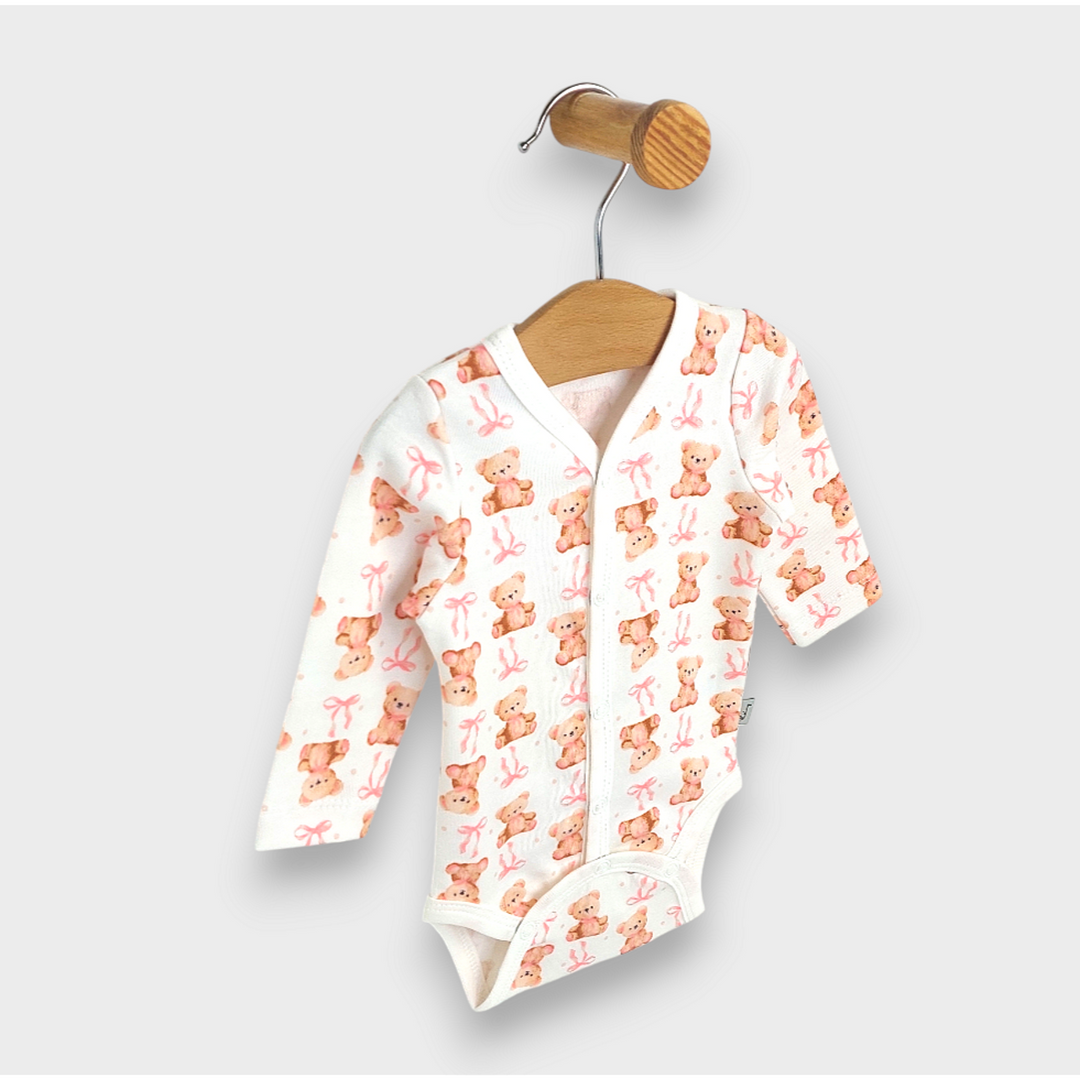 Rainy Бебешко боди с дълъг ръкав и предно закопчаване 48 - 68см. Мече с панделка