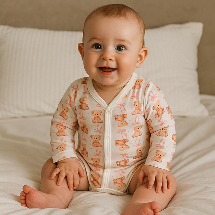 Rainy Бебешко боди с дълъг ръкав и предно закопчаване 48 - 68см. Мече с панделка