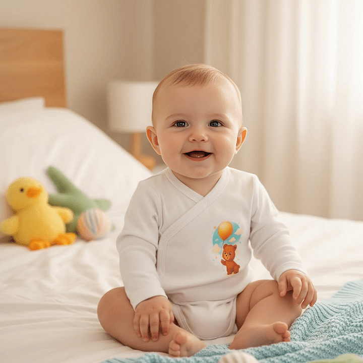 Rainy Бебешко боди със странично закопчаване Мече с балон 48 - 74 см. нежно екрю