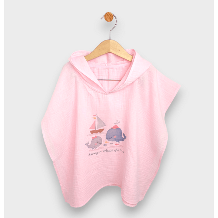 Rainy Бебешко муселиново пончо с качулка Whales Pink