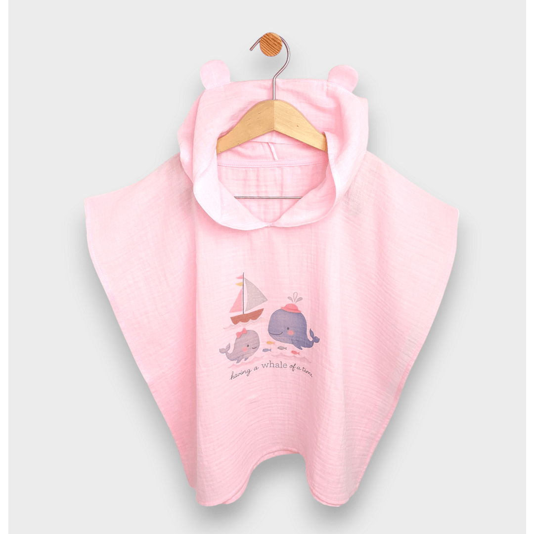 Rainy Бебешко муселиново пончо с качулка Whales Pink
