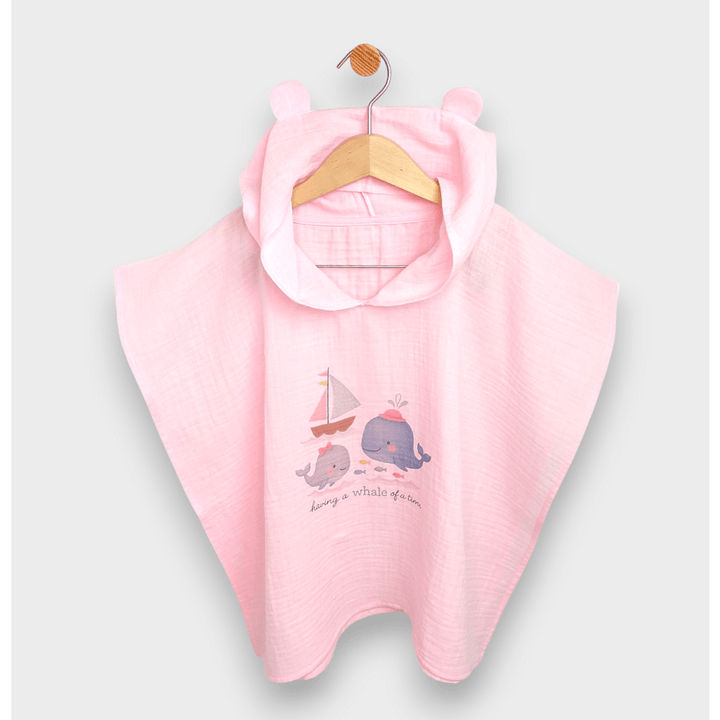 Rainy Бебешко муселиново пончо с качулка Whales Pink