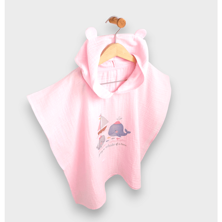 Rainy Бебешко муселиново пончо с качулка Whales Pink