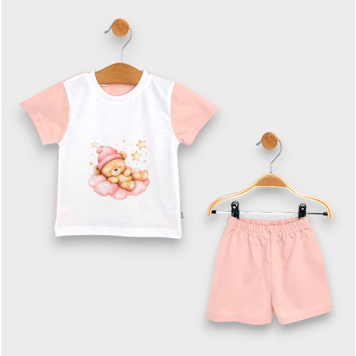 Rainy Детска пижама с къс ръкав Звездно мече розов 74 - 110 см. бял/бонбон