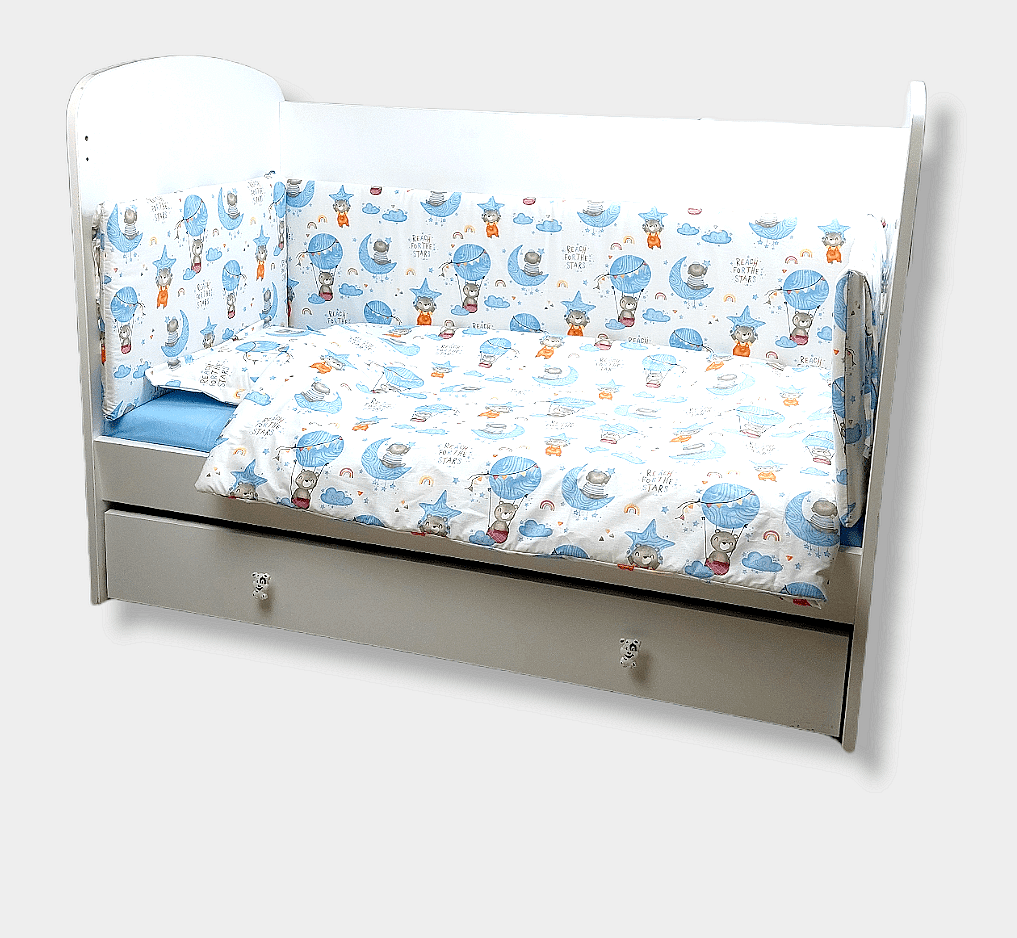 Rainy Обиколник за бебешка кошара 60х120 см. Мече на луна син